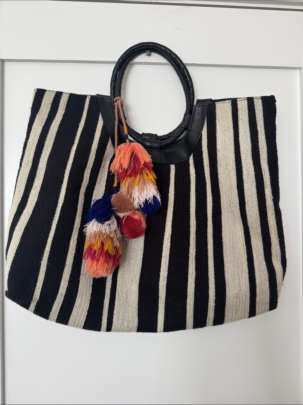 Cleobella Black & Cream Striped Tote with Multicolor Tassels